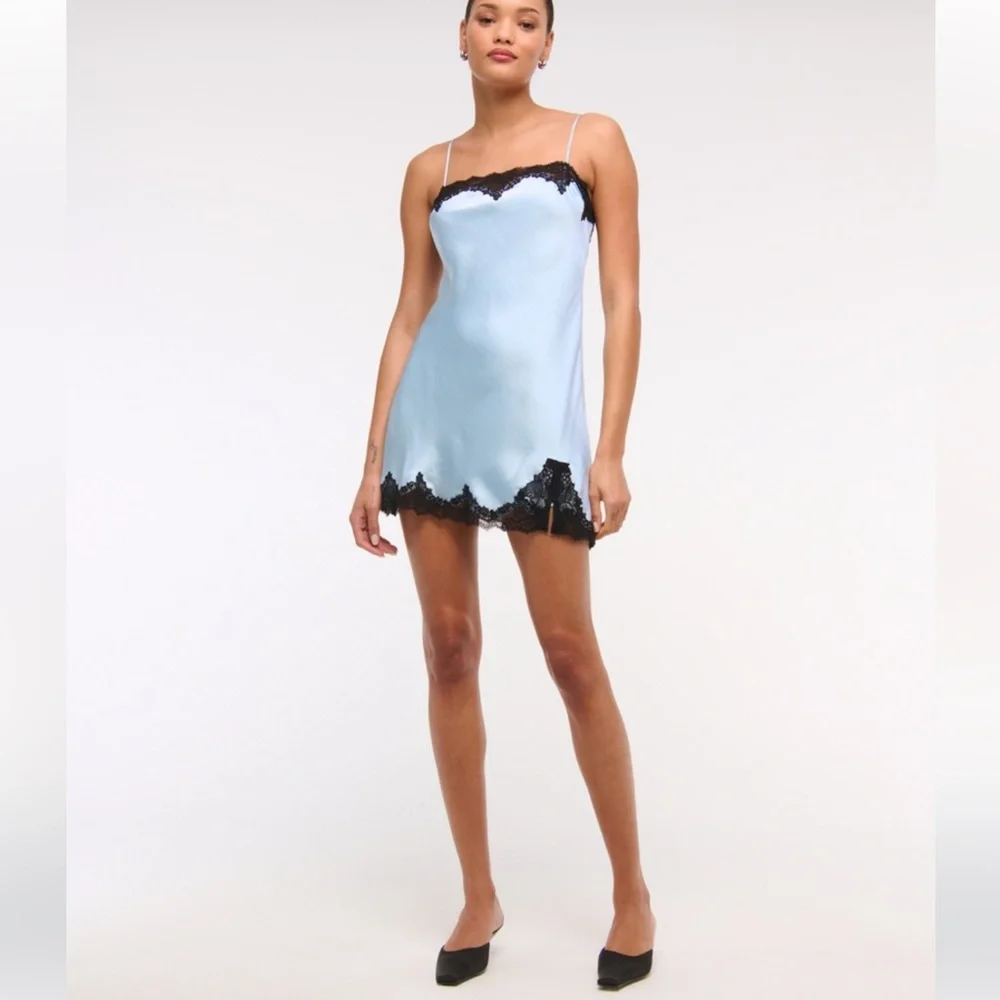 Abercrombie & Fitch Dark Brown Satin Black Lace Trim Slip Mini Dress NWT - Picture 10 of 12